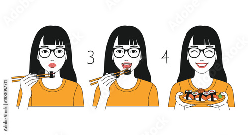 Sequence of a woman with glasses eating sushi with chopsticks and showing a plate of delicious assorted sushi rolls.