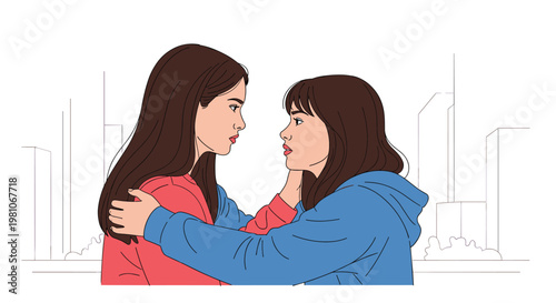 Two young women standing face to face in a city and looking into each other eyes with a serious and emotional expression.