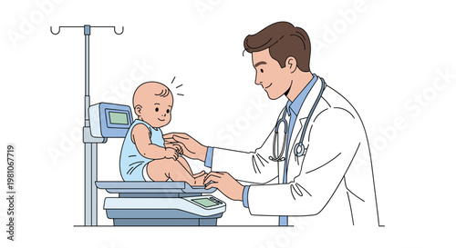 Male doctor in a white coat smiling and checking the weight of a cute little baby sitting on a medical weighing scale in a clinic.