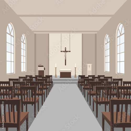 A minimalist illustration of a serene church interior with an altar and crucifix