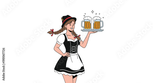 Smiling young woman wearing a traditional German Dirndl dress holding a tray with two large mugs of frothy beer for Oktoberfest.