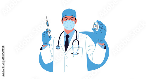 Male doctor wearing a mask and gloves holding a syringe and a vaccine vial ready for vaccination against diseases or viruses.