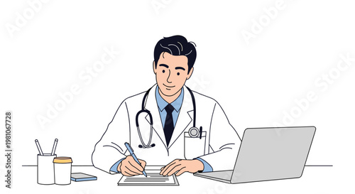 Professional male doctor sitting at his office desk with a laptop and writing medical prescriptions or notes on paper.