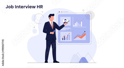 HR manager presenting job interview analytics on a screen with charts