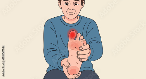 Illustration of a sad man holding his painful foot with red swollen toe spots