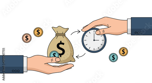 Two hands exchanging a bag of money with a dollar sign for a clock representing the concept of time is money and investment.