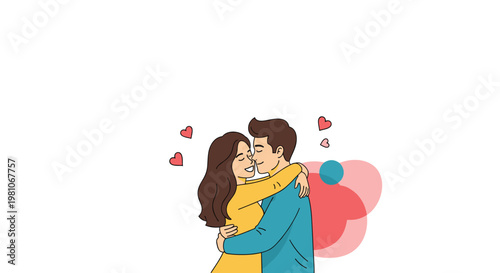 Happy young couple in love hugging each other tightly with red hearts floating around them symbolizing romance and affection.