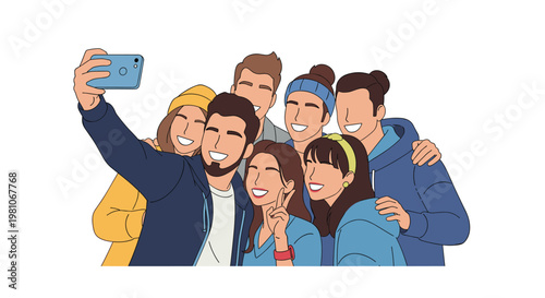 Large group of happy diverse friends smiling and posing together while taking a selfie with a smartphone against a white background.