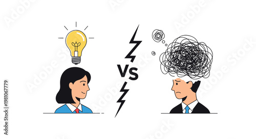 Conceptual illustration of two people showing the contrast between a clear creative idea and a stressed messy mind with scribbles.