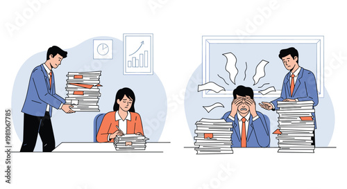 Stressed office workers buried under mountains of paperwork while their colleagues keep bringing more tasks to their desks.