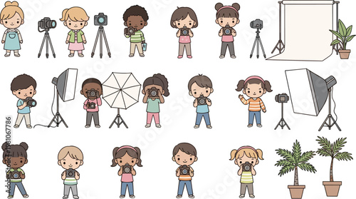 Large Collection of Cute Child Photographer Vector Characters with Cameras Tripods Lighting Softboxes and Studio Backdrops for Educational and Creative Projects