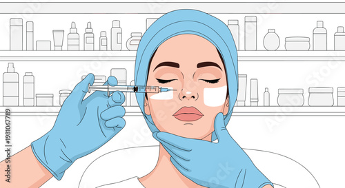 Beautiful woman receiving a cosmetic injection on her face from a professional doctor in blue gloves at a beauty clinic.