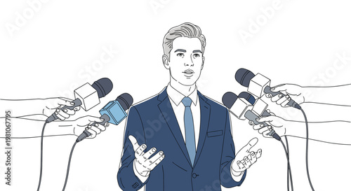 Professional man in a blue suit giving a speech or interview while many journalists hold microphones towards him.