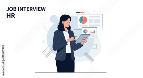 HR professional analyzing data on tablet during job interview, charts on screen