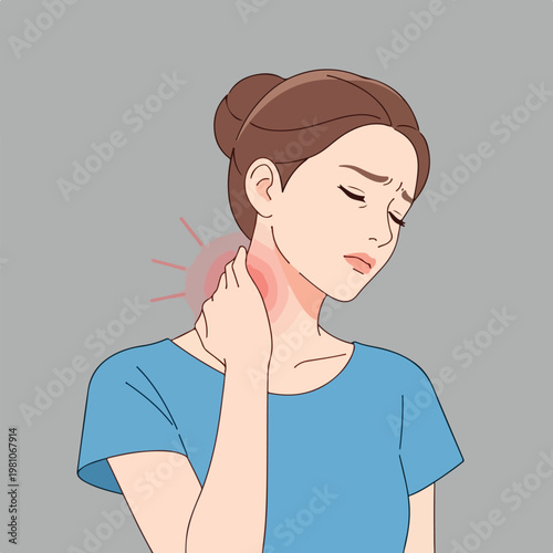 Illustration of a young woman experiencing severe neck pain and muscle stiffness