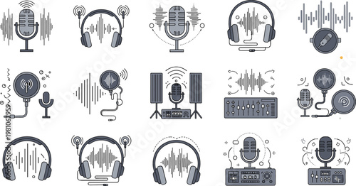 Podcast and audio recording icons with microphones, headphones and sound waveforms for modern vector design projects