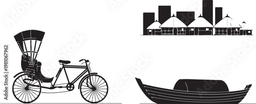 Black silhouettes of rickshaw boat and cityscape bicycle