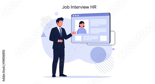 Job Interview HR: Man in Suit Discusses Candidate on Virtual Screen