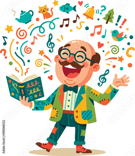 Smiling Man Reading Book with Glasses.