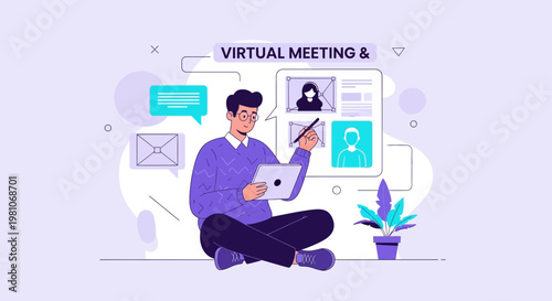 Man Attending Virtual Meeting Online on Tablet, Remote Work Concept