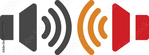 Fotografía Speaker and sound icon set including volume up, down, mute and audio wave symbols in red, yellow and gray styles isolated on white background, ideal for media and UI design