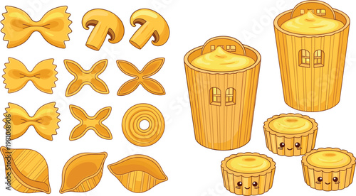 Italian Pasta Vector Set Featuring Farfalle, Conchiglie, Mushrooms, and Cute Character Style Dessert Tarts for Culinary Branding, Menus, and Educational Kitchen Designs