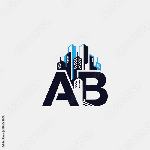 Stylized Initial Letters AB Logo with Multiple City Buildings and Skyscrapers on Bright Studio Background