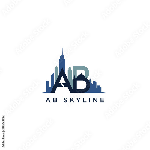 Stylized Initial Letters AB Logo with City Skyline Above for Urban Development on Isolated White Background