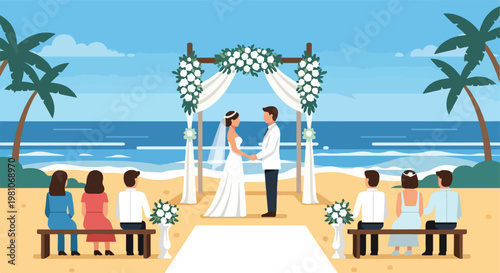 Romantic beach wedding ceremony with bride, groom, guests and the floral archway