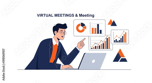 Man in virtual meeting with charts and graphs on laptop screen
