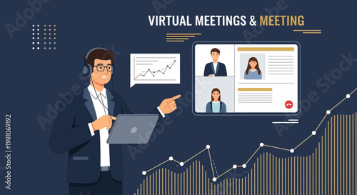 Man in virtual meeting, pointing at screen with charts and graphs, online business communication