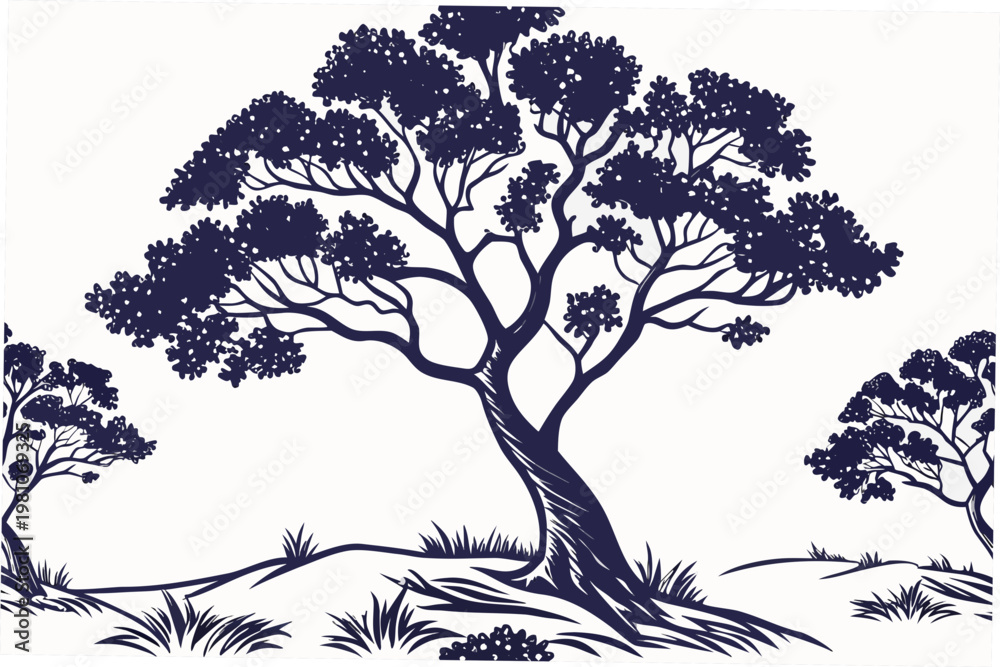Fototapeta premium A minimalist vector illustration of a tree with a sprawling canopy and grassy terrain on a white background