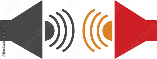 Speaker and sound icon set including volume up, down, mute and audio wave symbols in red, yellow and gray styles isolated on white background, ideal for media and UI design.