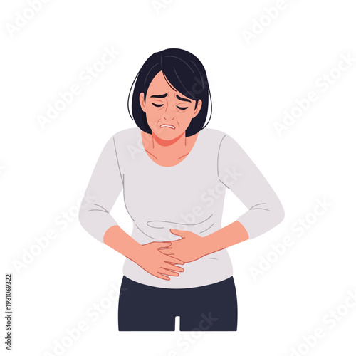 Woman clutching her belly in pain, suffering from stomach ache or cramps