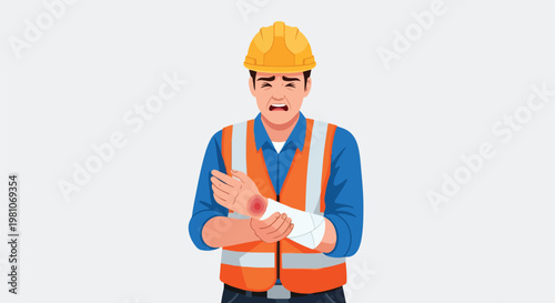Injured worker in safety vest and hard hat holds bandaged wrist in severe pain