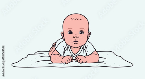 Detailed vector art of a baby during tummy time looking ahead with curious eyes