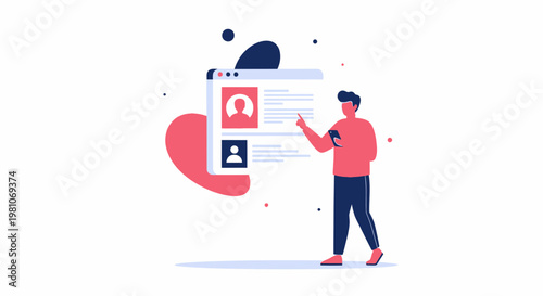 Man Interacting with User Profiles on Digital Interface, Online Recruitment Concept