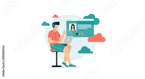 Man on Video Call with Laptop, Online Communication, Remote Work, Clouds