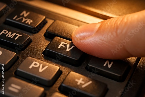 Finger Pressing Future Value (FV) Key on Financial Calculator