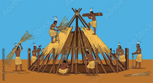 Indigenous tribe members building a traditional conical thatched wooden hut