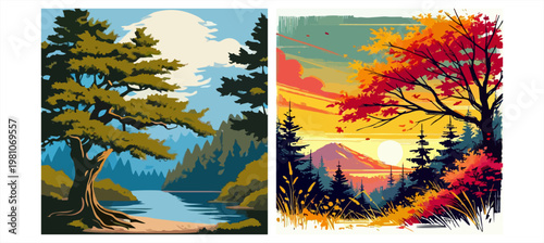Colorful forest landscapes showcasing vibrant seasonal changes and natural scenery