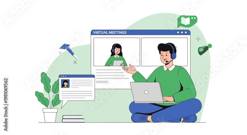 Man participating in virtual meeting on laptop, remote work concept