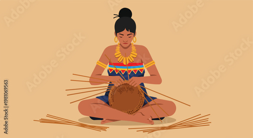Indigenous woman in ethnic dress sits cross-legged weaving a brown straw basket