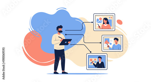 Man planning online courses with video lectures on screens, remote learning concept