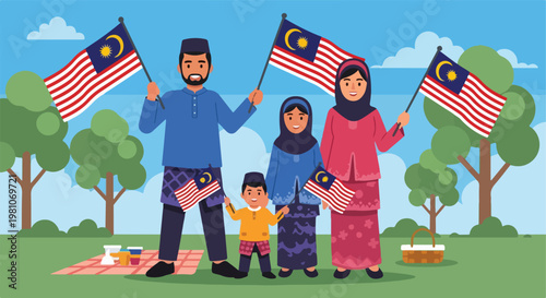 Happy family in traditional clothes waving national flags at a park picnic day!