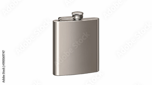 Sleek and polished metallic hip flask, a classic and portable beverage container for discreet liquid transport. Modern brushed silver design with a secure, integrated cap
