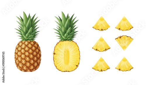 Realistic pineapple fruit with slices and green leaves vector illustration isolated on white background for fresh tropical food design