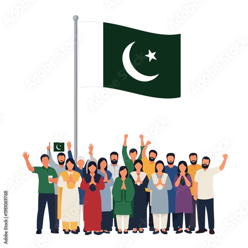 Diverse Pakistani citizens in traditional attire posing under the national flag