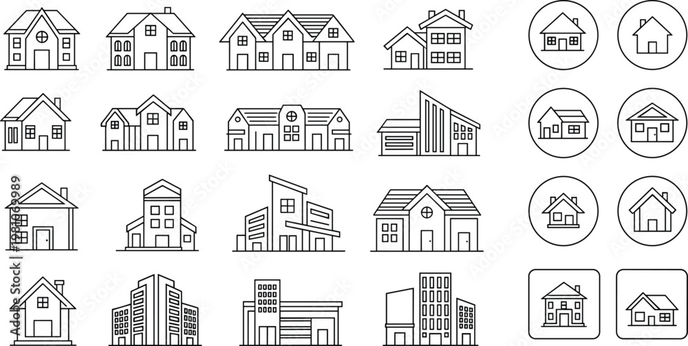 Fototapeta premium House Line Icon Collection with Various Residential Building Designs and Real Estate Symbols for Architecture UI Interface and Property Graphics