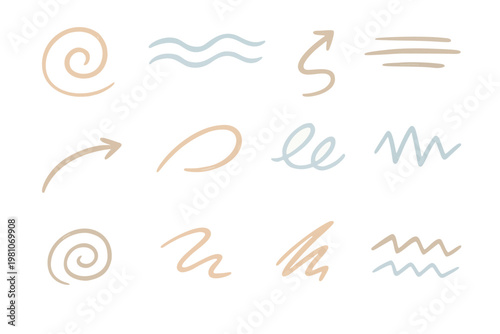 Line element movement hand drawn Icon Set include swirl line, motion wave, speed dash, curved arrow, loop trail, ripple line, spiral motion, bounce path, zigzag move